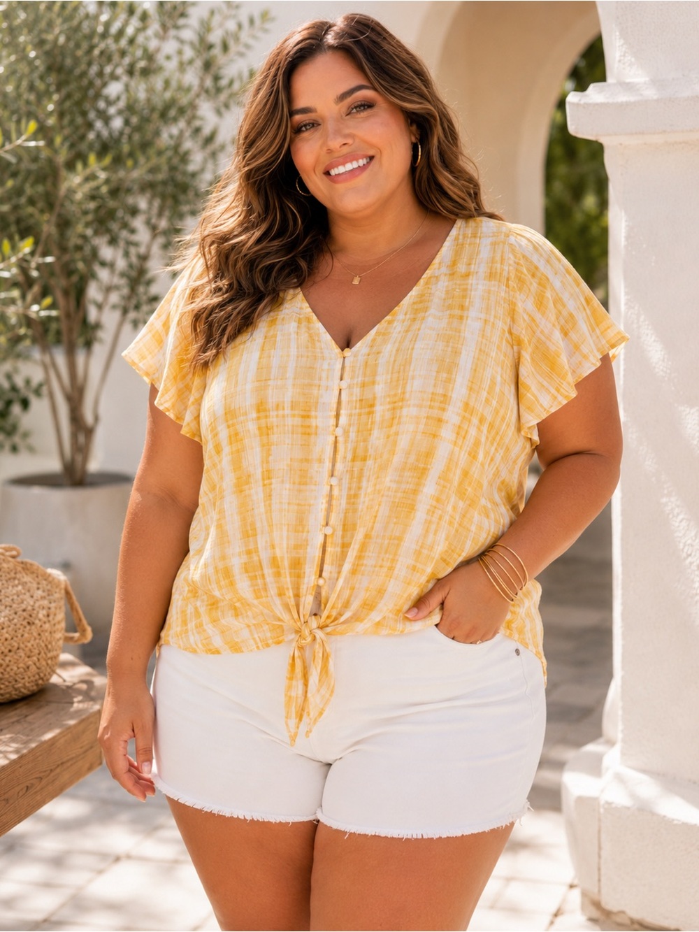 City Chic Yellow Plaid Tie-Front V-Neck Blouse